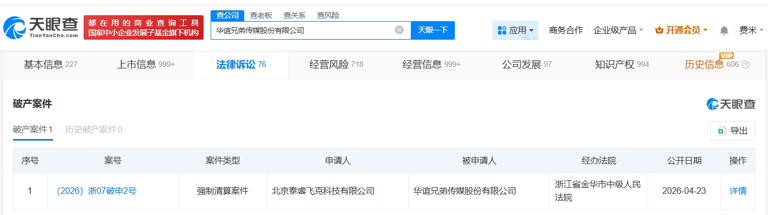 华谊兄弟正走進历史舞台，被申請破產一案获法院受理，進入审查程序