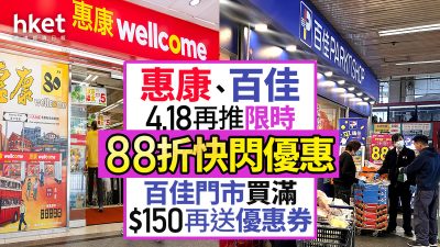 【連鎖超市優惠】惠康、百佳4.18再推限時88折快閃優惠　百佳門市買滿$150再送優惠券