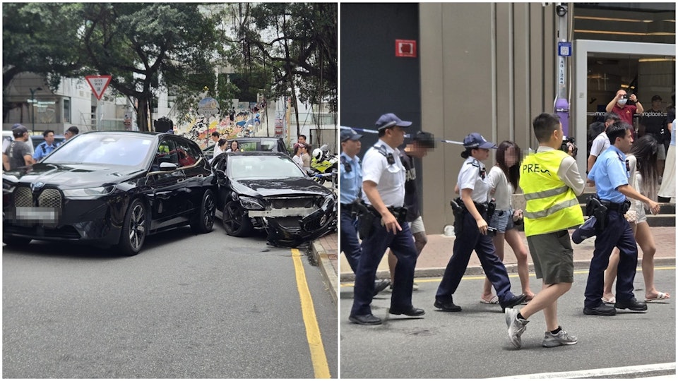 尖沙咀金巴利道兩私家車撞　多名男女被押上警車　緝毒犬在場搜索