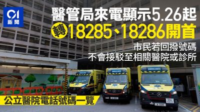 醫管局來電顯示5.26起轉18285、18286開首　公立醫院電話號碼一覽
