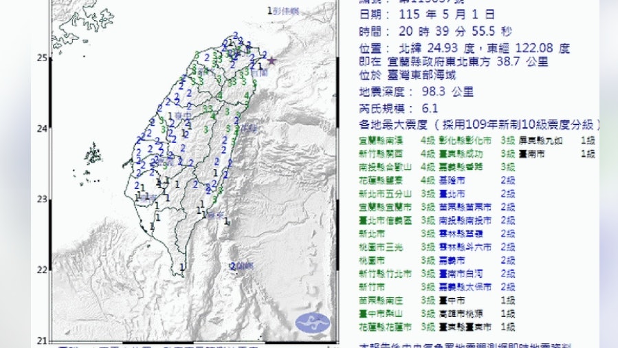 台灣宜蘭東部海域6.1級地震　最大震度達4級　臺北震感強烈