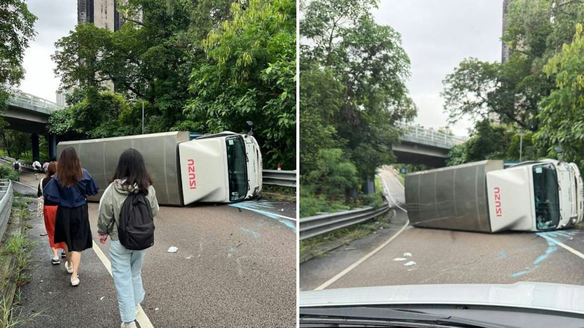 吐露港公路往廣福邨支路貨車翻側1輕傷　巴士改道　巿民徒步離開