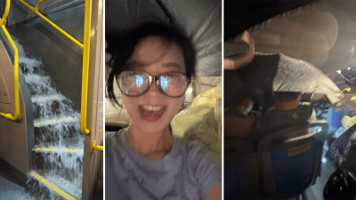 內地女搭觀光巴士遇紅雨 笑言樓梯變瀑布是「彩蛋」 心態正面獲網民稱讚