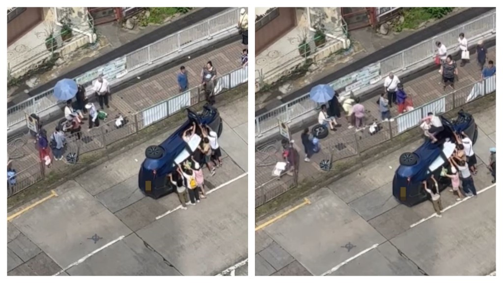 大埔Tesla撞欄翻側 車轆飛脫司機被困 多名熱心巿民扶車身助脫險