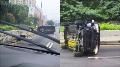 何文田公主道私家車疑跣胎　撞壆後翻側　司機夫婦爬出